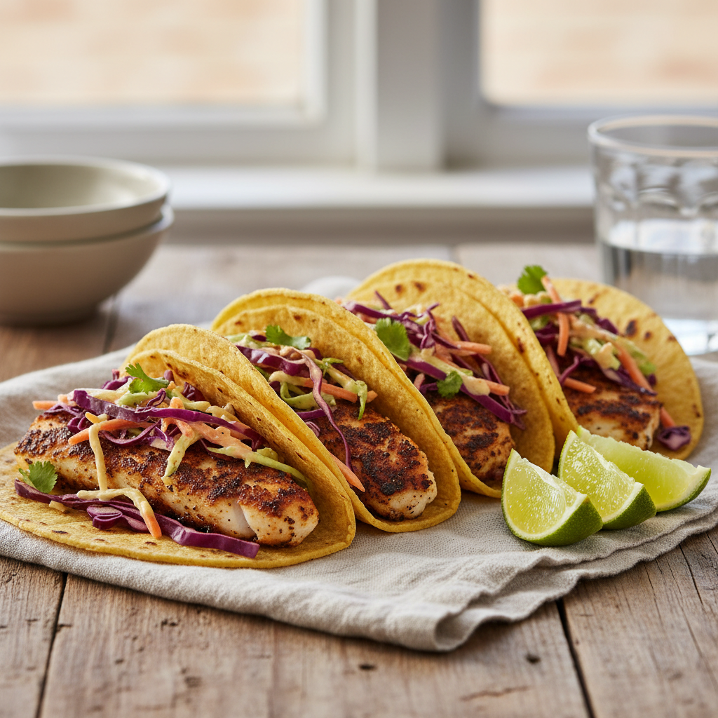 Blackened Cod Tacos with Cabbage Slaw