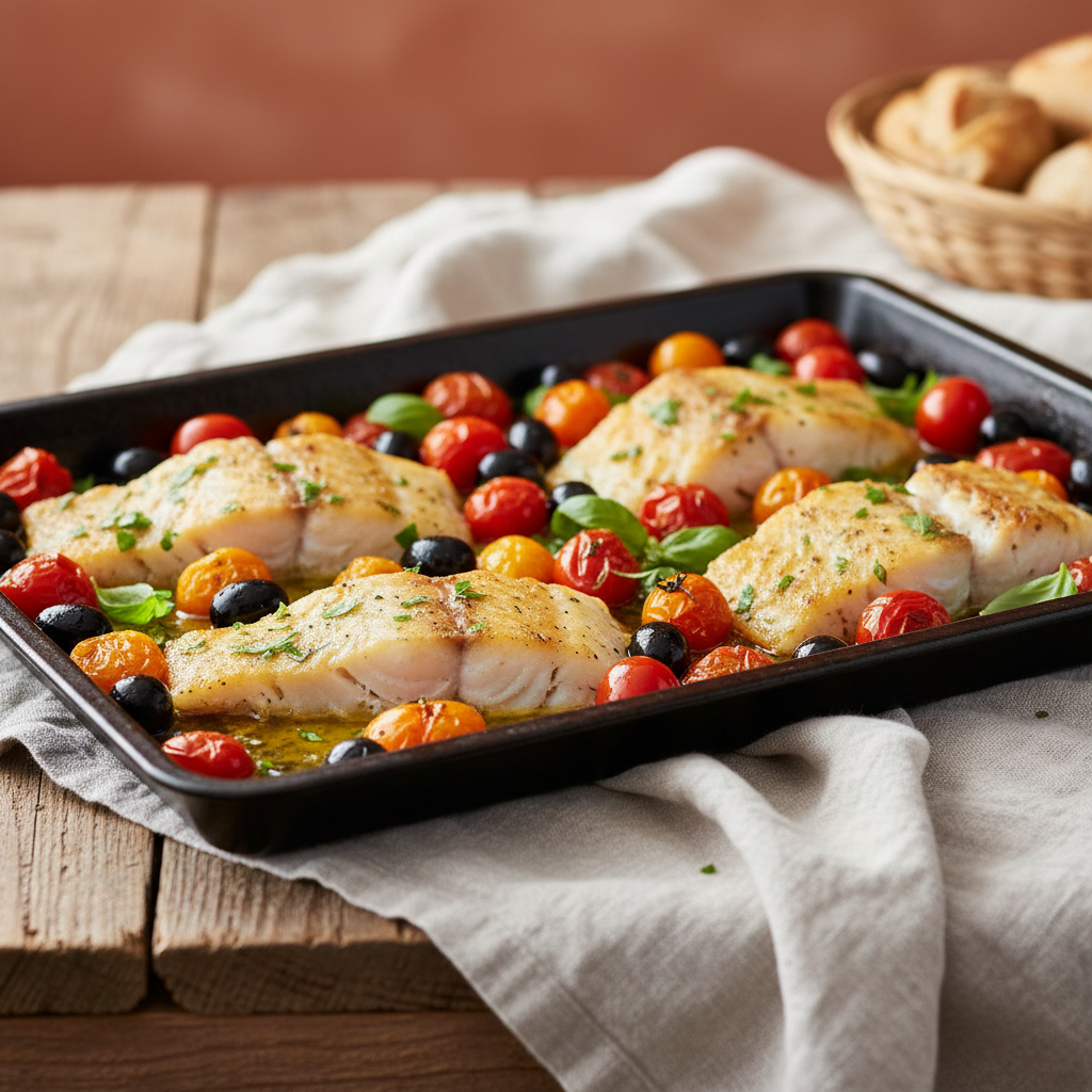 Sheet-Pan Cod with Cherry Tomatoes & Olives